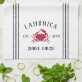 Navy & Red Rustic Crab Personalized Shore House Theedoek (Gevouwen)