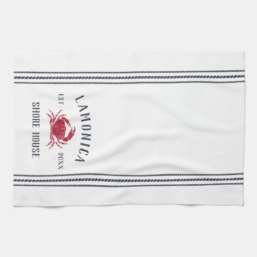 Navy & Red Rustic Crab Personalized Shore House Theedoek (Horizontaal)