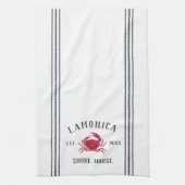 Navy & Red Rustic Crab Personalized Shore House Theedoek (Verticaal)