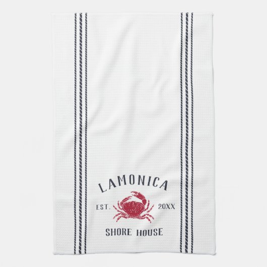 Navy & Red Rustic Crab Personalized Shore House Theedoek (Verticaal)