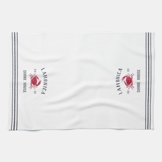 Navy & Red Rustic Crab Personalized Shore House Theedoek (Horizontaal)