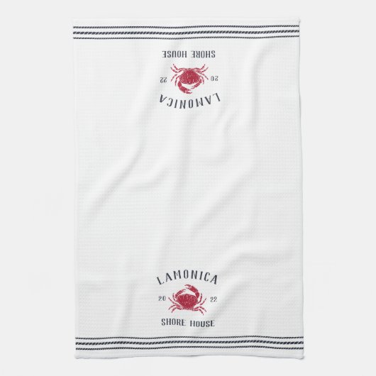 Navy & Red Rustic Crab Personalized Shore House Theedoek (Verticaal)