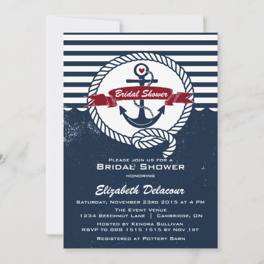 Navy Red Rustic Nautical Bridal Shower Kaart (Voorkant)