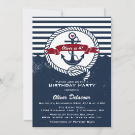 Navy Red Rustic Nautical Kids Birthday Uitnodiging
