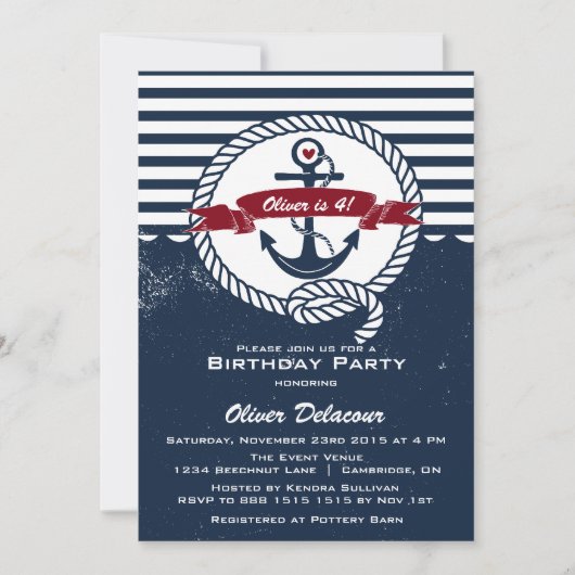 Navy Red Rustic Nautical Kids Birthday Uitnodiging (Voorkant)