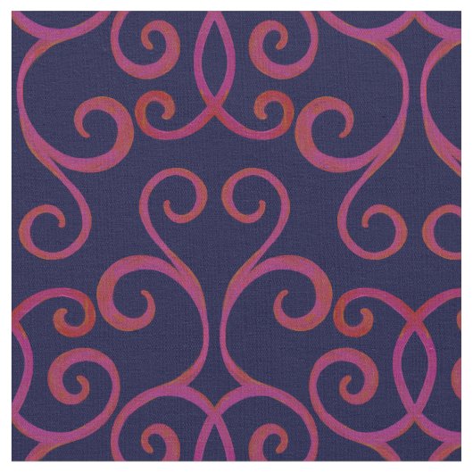 Navy Red Swirly Damask Pattern Elegant Dark Blue Stof (Close Up)