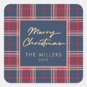 Navy Red Tartan Plaid Modern Elegant Minimalist Vierkante Sticker (Voorkant)