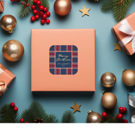 Navy Red Tartan Plaid Modern Elegant Minimalist Vierkante Sticker