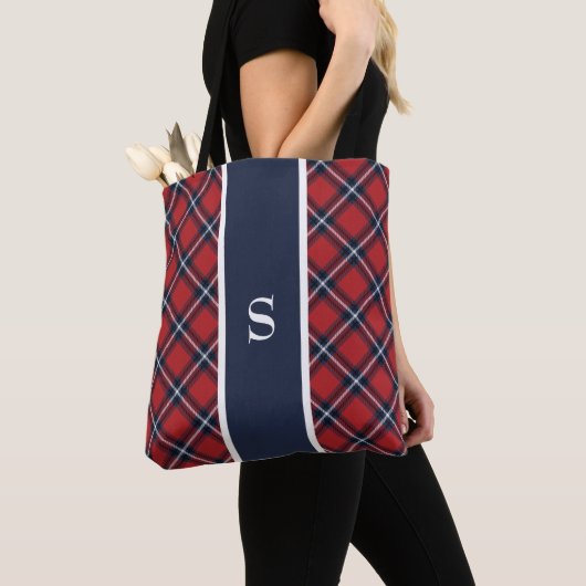Navy Red Tartan Pset Monogram Canvas tas (Dichtbij)