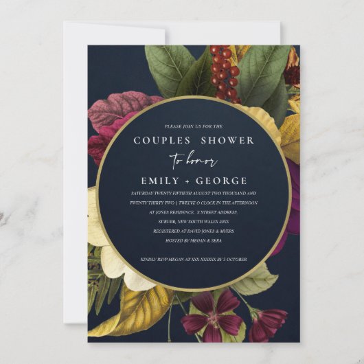 NAVY RETRO BURGUNDY FLORAL COUPLY SHOWER KAART (Voorkant)