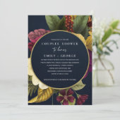 NAVY RETRO BURGUNDY FLORAL COUPLY SHOWER KAART (Staand voorkant)