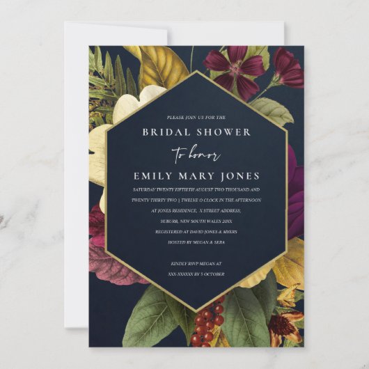 NAVY  RETRO BURGUNDY FLORAL VRIJGEZELLENFEEST KAART (Voorkant)