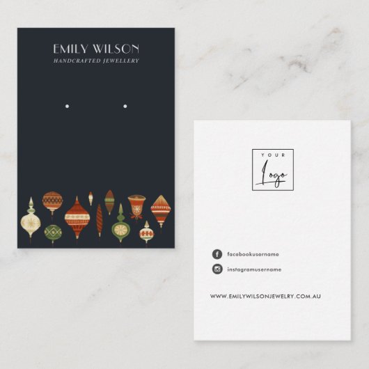 NAVY RETRO CHRISTMAS ORNAMENT STUD EARRING DISPLAY VISITEKAARTJE (Voorkant / Achterkant)