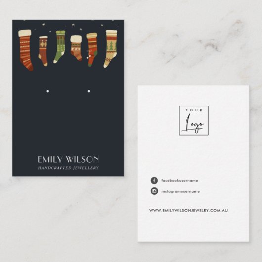 NAVY RETRO CHRISTMAS STOCKING STUD EARRING DISPLAY VISITEKAARTJE (Voorkant / Achterkant)