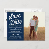 Navy Retro Script Photo Save the Date Briefkaart (Voorkant / Achterkant)