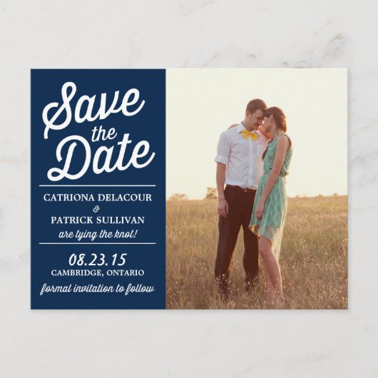 Navy Retro Script Photo Save the Date Briefkaart (Voorkant)