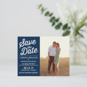 Navy Retro Script Photo Save the Date Briefkaart (Staand voorkant)