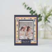 Navy Ribbon Border Familiefoto Hanukkah Kaart (Staand voorkant)