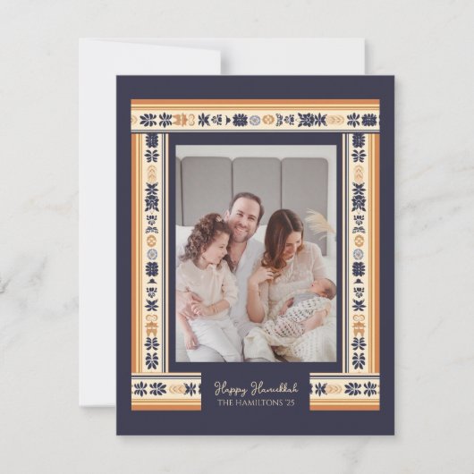 Navy Ribbon Border Familiefoto Hanukkah Kaart (Voorkant)