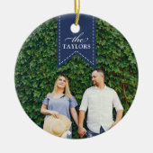 Navy Ribbon | Holiday-foto Keramisch Ornament (Voorkant)
