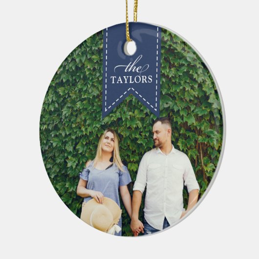 Navy Ribbon | Holiday-foto Keramisch Ornament (Links)