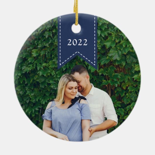 Navy Ribbon | Holiday-foto Keramisch Ornament (Achterkant)