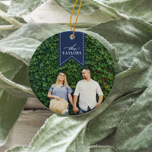 Navy Ribbon Holiday-foto Keramisch Ornament