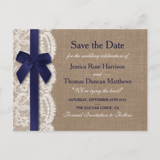 Navy Ribbon on Burlap & Lace Save the Date Aankondigingskaart (Voorkant)