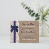 Navy Ribbon on Burlap & Lace Save the Date Aankondigingskaart (Staand voorkant)