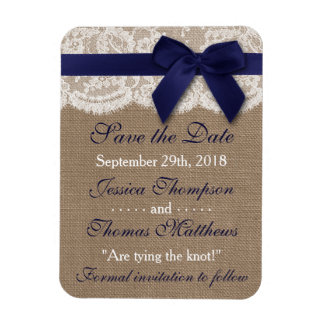 Navy Ribbon on Burlap & Lace Save the Date Magneet