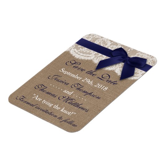 Navy Ribbon on Burlap & Lace Save the Date Magneet (Linkerzijde)