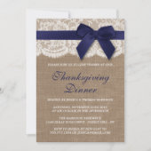Navy Ribbon on Burlap & Lace Thanksgiving Dinner Kaart (Voorkant)