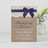 Navy Ribbon on Burlap & Lace Thanksgiving Dinner Kaart (Staand voorkant)