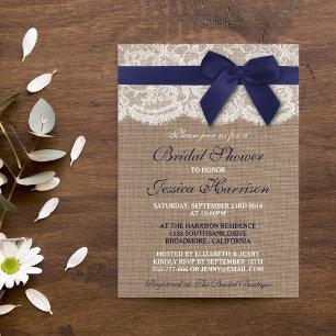 Navy Ribbon on Burlap & Lace Vrijgezellenfeest Kaart