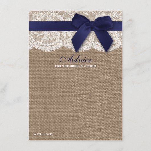 Navy Ribbon on Burlap & Lace Wedding Advieskaart (Voorkant)