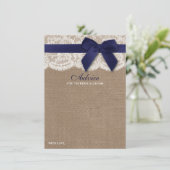 Navy Ribbon on Burlap & Lace Wedding Advieskaart (Staand voorkant)