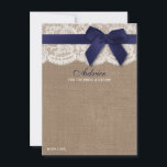 Navy Ribbon on Burlap & Lace Wedding Advieskaart<br><div class="desc">Viel in stijl met deze bijtende advieskaarten. Het eenvoudige maar stijlvolle ontwerp zal uw gasten toestaan om een nota van raad voor u te schrijven om over jaren te houden en te lezen. De formulering is gemakkelijk te personaliseren, zodat deze kaarten snel kunnen worden omgezet in advieskaarten voor vrijgezellenfeesten, verlovingen,...</div>
