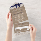 Navy Ribbon on Burlap & Lace Wedding All In One Uitnodiging (Afscheurbaar)