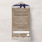 Navy Ribbon on Burlap & Lace Wedding All In One Uitnodiging (Binnen)