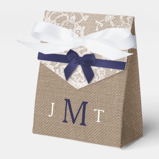 Navy Ribbon on Burlap & Lace Wedding Bedankdoosjes (Voorkant Zijde)