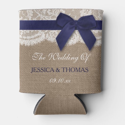 Navy Ribbon on Burlap & Lace Wedding Blikjeskoeler (Voorkant)