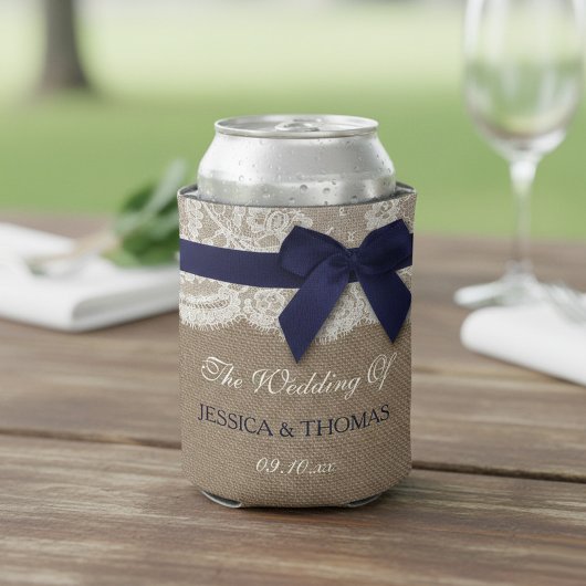 Navy Ribbon on Burlap & Lace Wedding Blikjeskoeler