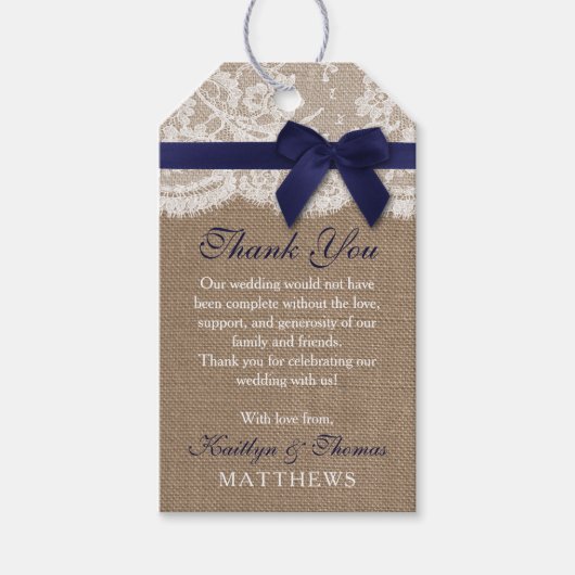 Navy Ribbon on Burlap & Lace Wedding Cadeaulabel (Voorkant)