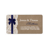 Navy Ribbon on Burlap & Lace Wedding Etiket (Voorkant)