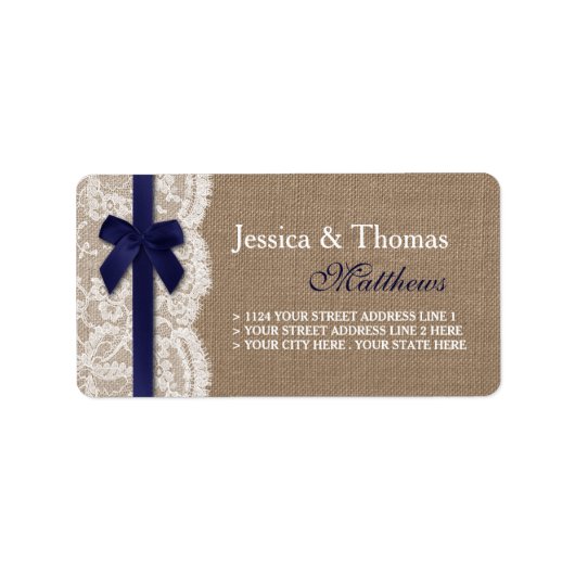Navy Ribbon on Burlap & Lace Wedding Etiket (Voorkant)