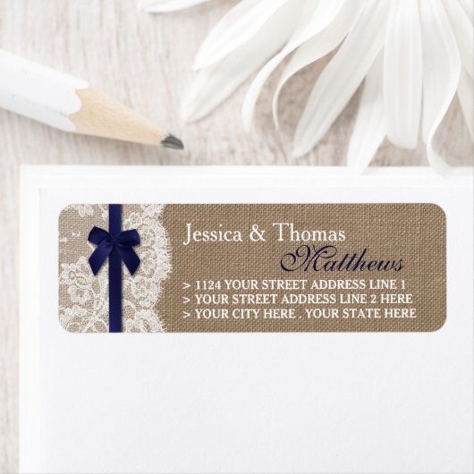 Navy Ribbon on Burlap & Lace Wedding Etiket (Insitu)