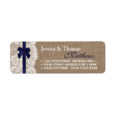 Navy Ribbon on Burlap & Lace Wedding Etiket (Voorkant)