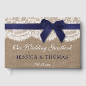 Navy Ribbon on Burlap & Lace Wedding Gastenboek (Voorkant)