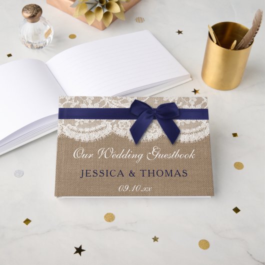 Navy Ribbon on Burlap & Lace Wedding Gastenboek (Voorkant open)
