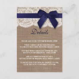 Navy Ribbon on Burlap & Lace Wedding Informatiekaartje